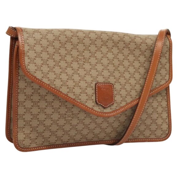 CELINE Macadam Canvas Shoulder Bag Beige Gold Auth - Picture 1 of 16